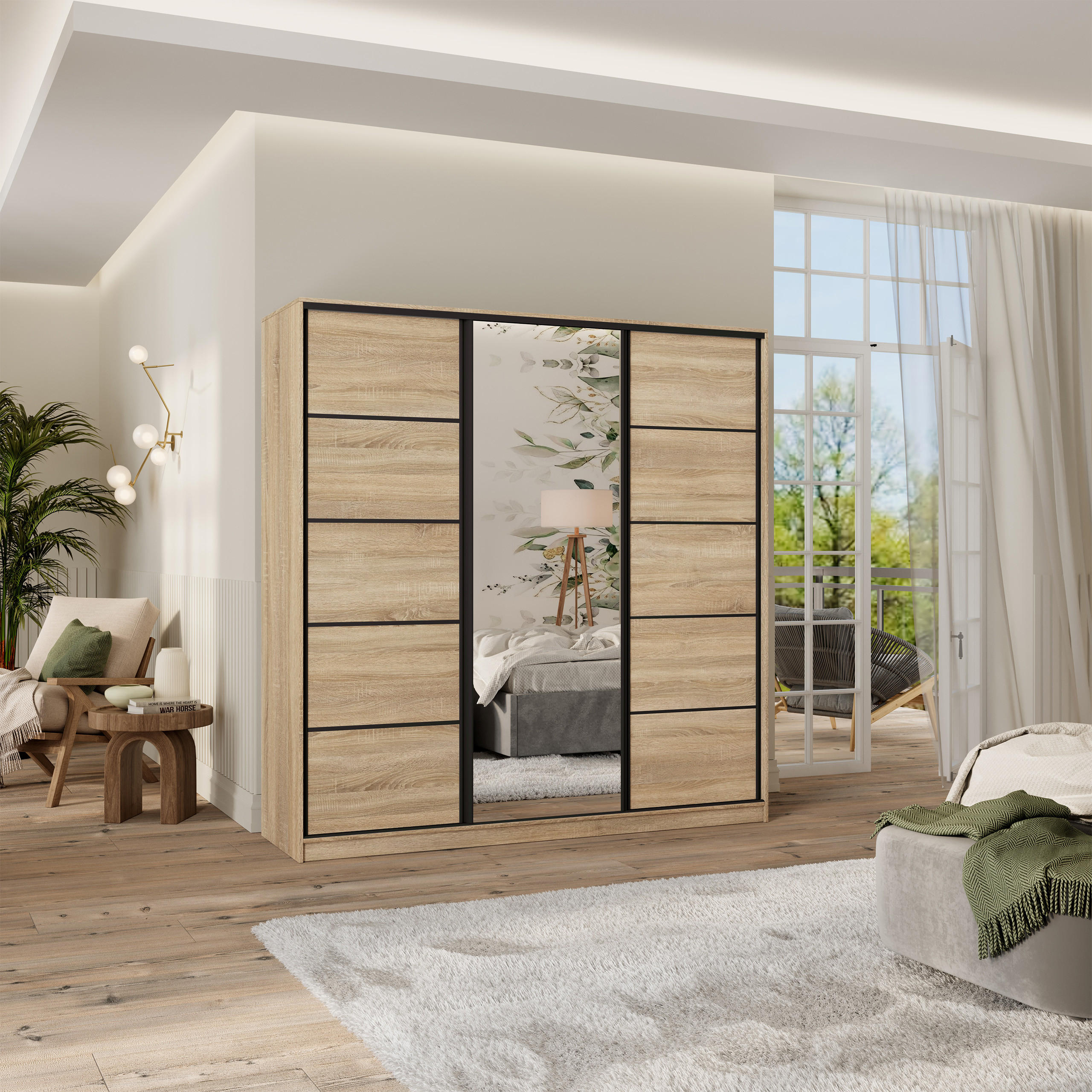 SCHWEBETÜRENSCHRANK PINA 180/205/58 cm 3-türig mit Spiegel und Schubladen Sonoma Eiche - Schwarz/Sonoma Eiche, Holzwerkstoff (180/205/58cm) - MASSENO