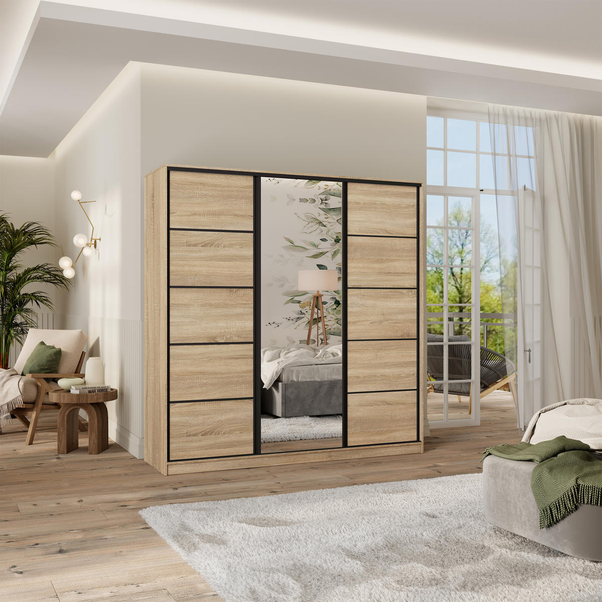 SCHWEBETÜRENSCHRANK PINA 200/205/58 cm 3-türig mit Spiegel und 4 Schubladen Sonoma Eiche - Sonoma Eiche, Holzwerkstoff (200/205/58cm) - MASSENO