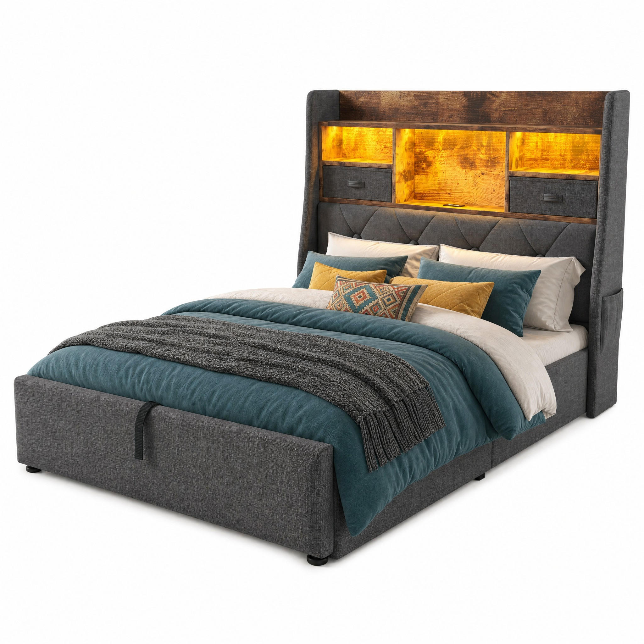 POLSTERBETT 90/200 cm in Grau mit Bettkasten, LED und USB Leinen Retro-Design - Grau, Holzwerkstoff/Textil (90/200cm) - STILVORA