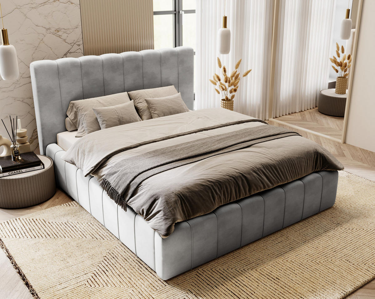 DOPPELBETT mit Bettkasten 200x200 Porto, Lattenrost, Hellgrau - Hellgrau, Holz/Textil (200/200cm) - Emporius