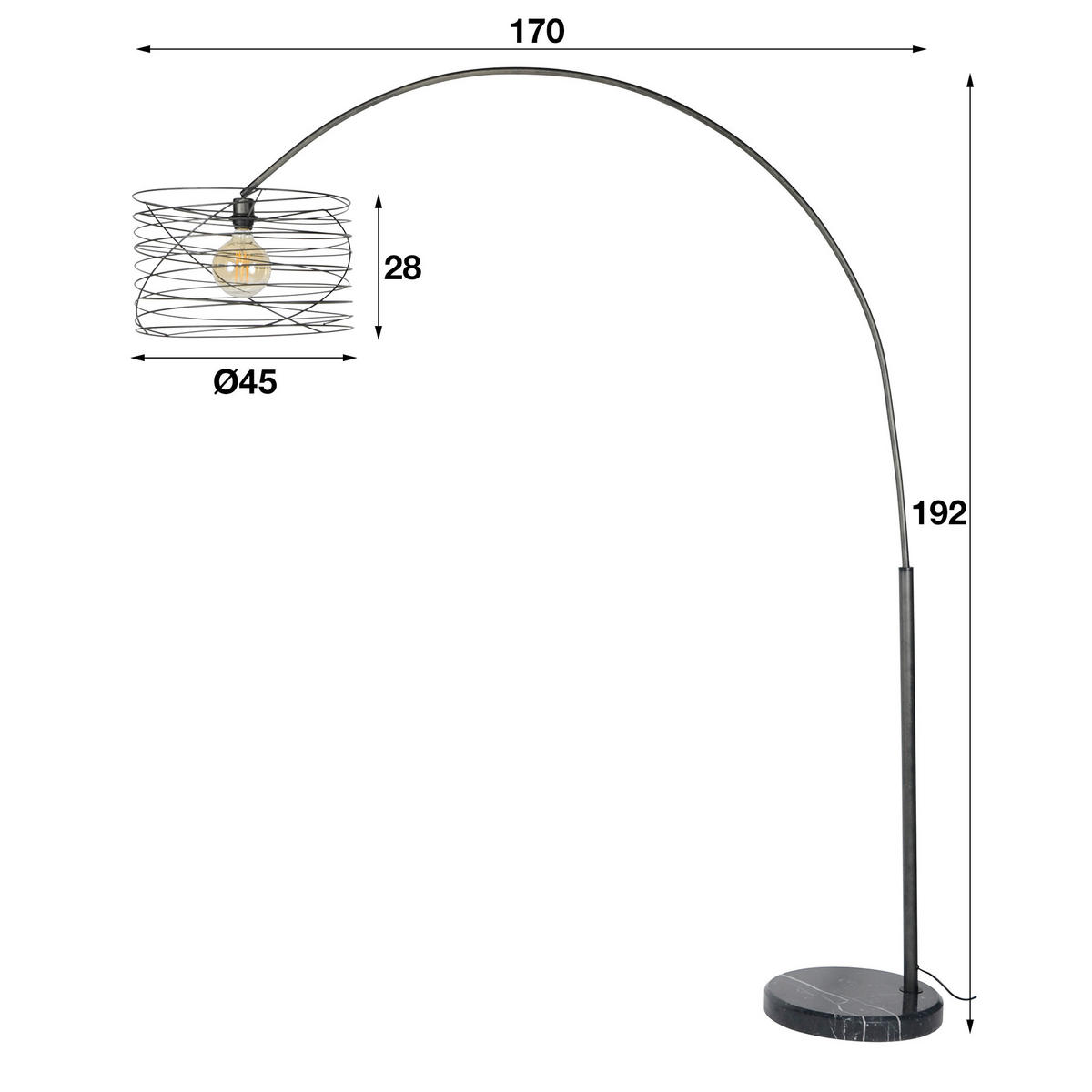 BOGENLAMPE Arc Grau 45/170/ 192 cm - Grau, Metall (45/170/192cm) - Hoyz Collection