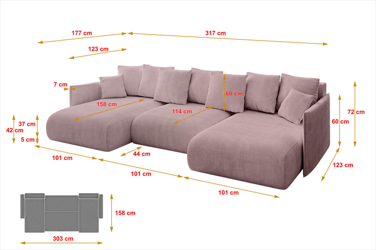 WOHNLANDSCHAFT mit Schlaffunktion und Bettkasten ONESK-U 317x177x72 Rosa Cord - Rosa, Holzwerkstoff/Kunststoff (317/72/177cm) - ALTDECOR
