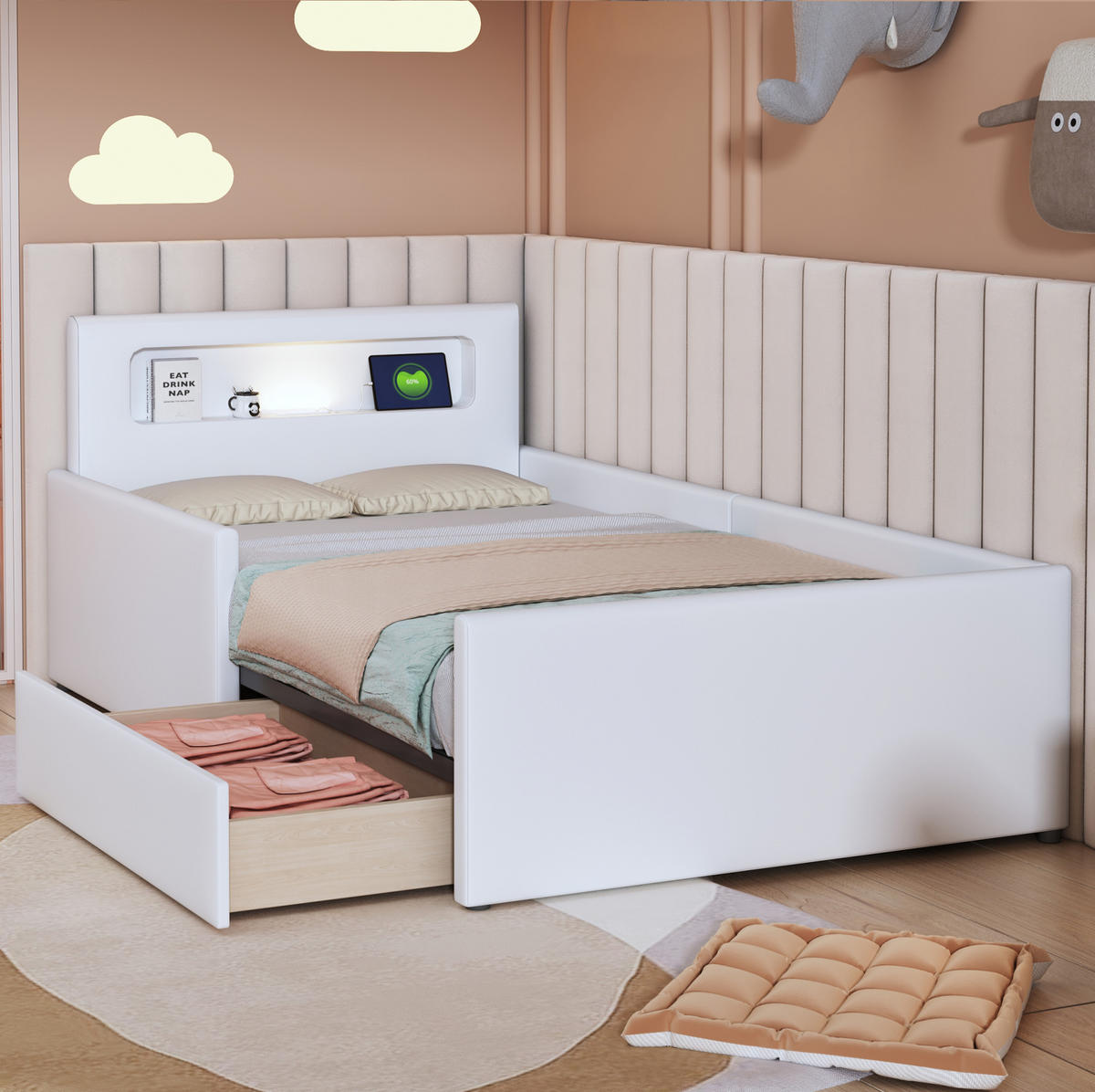 POLSTERBETT 90/200 cm Weiß aus Kunstleder mit Nachtlicht und USB-Ladeanschluss - Weiß, Textil (90/200cm) - OKMYHOME
