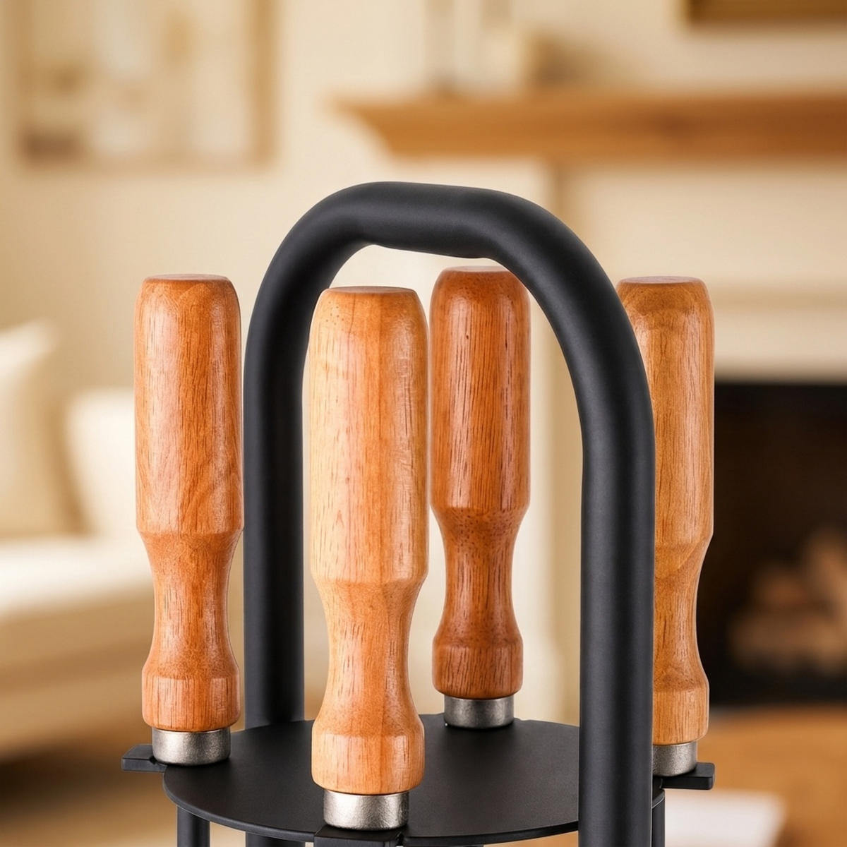 KAMINBESTECK Schwarz Natur 5er-Set Ständer - Schwarz, Holz/Metall (17/75/17cm) - Relaxdays