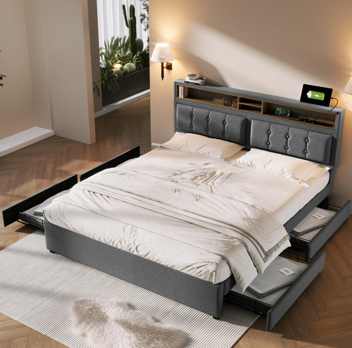 BETT mit 4 Schubladen & USB-C 140x200 cm Leinen Grau - Grau, Metall (140/200cm) - Meubliv