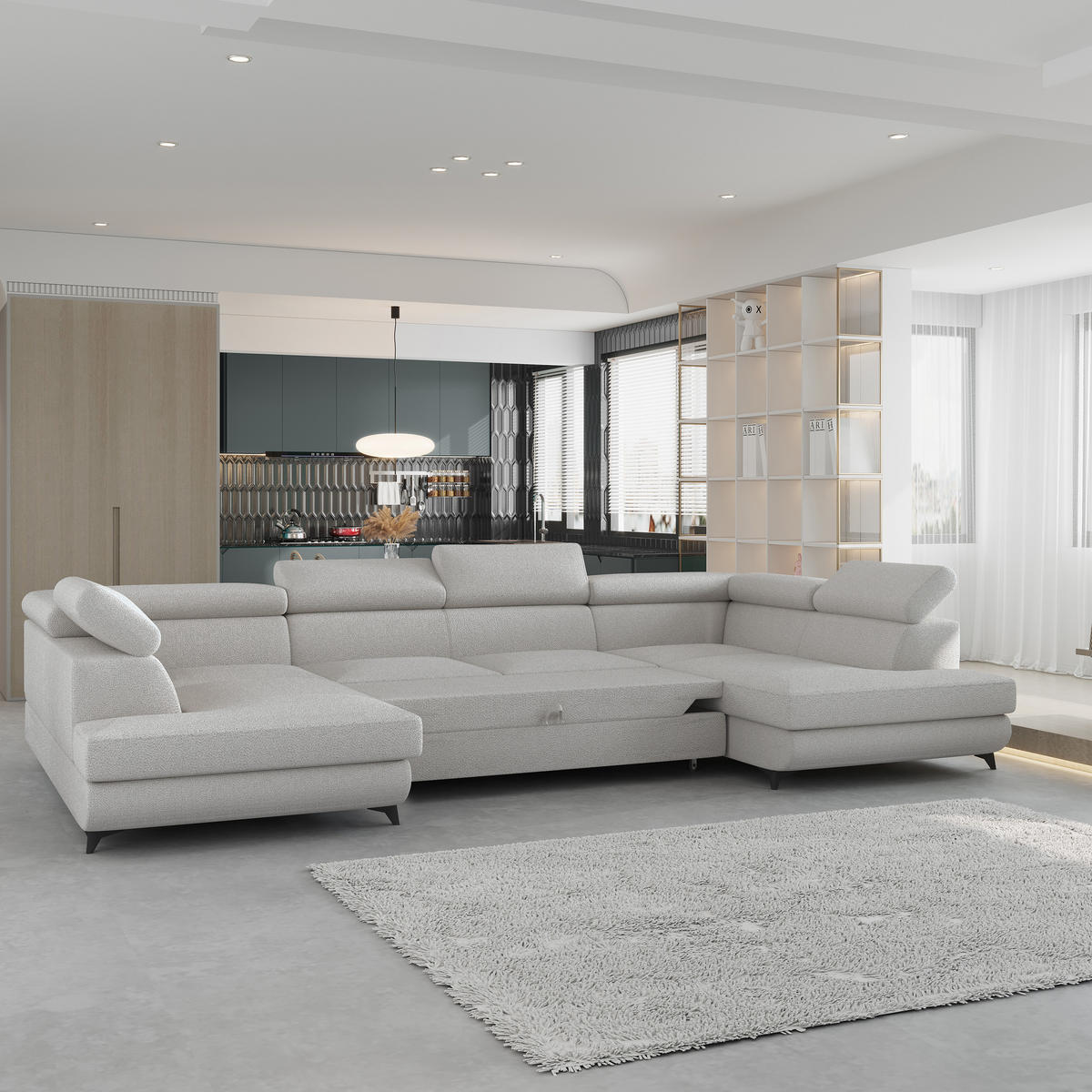 WOHNLANDSCHAFT VINTESSA Hellgrau Boucle-Stoff mit Schlaffunktion - Hellgrau, Holz (323/89/190cm) - MASSENO