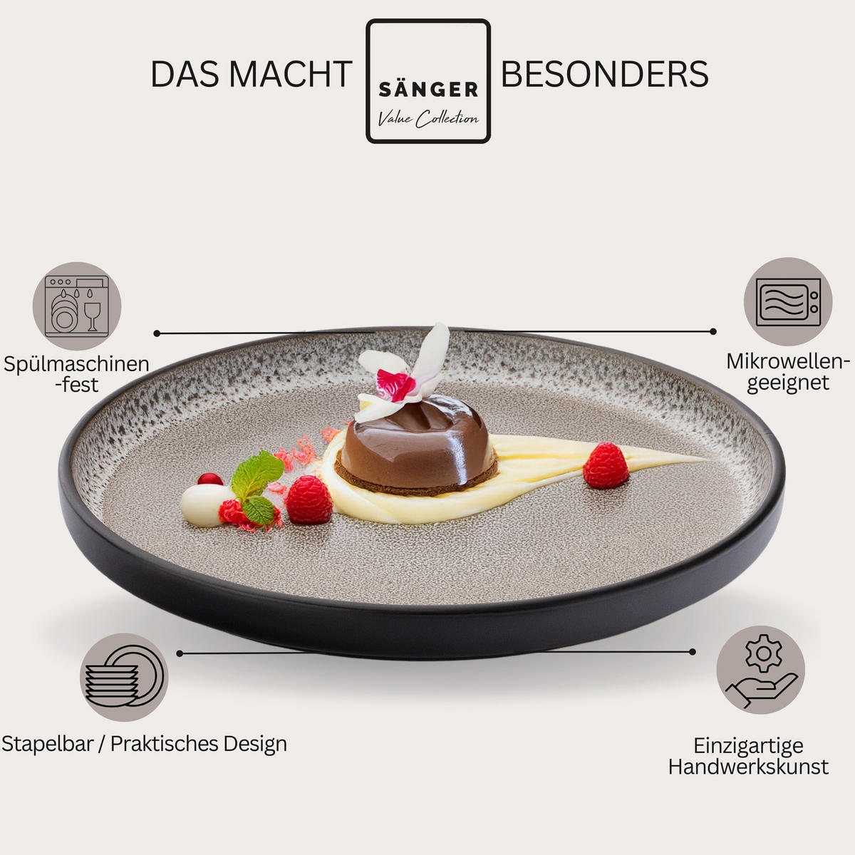 DESSERTTELLER SET LUXOR - 6 teilig aus Steingut - Beige, Stein (20.5cm) - Sänger