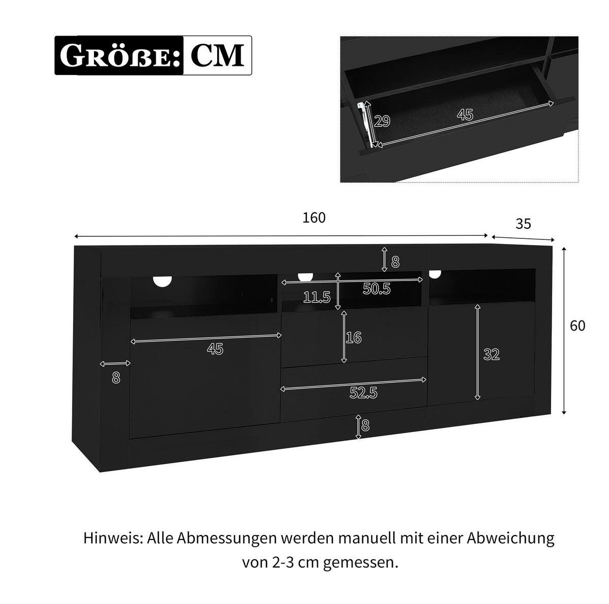 TV ormarić 160/35/60 cm crni od iverala s LED rasvjetom i push-to-open ladicama - crna, drvni materijal (160/60/35cm) - OKWISH
