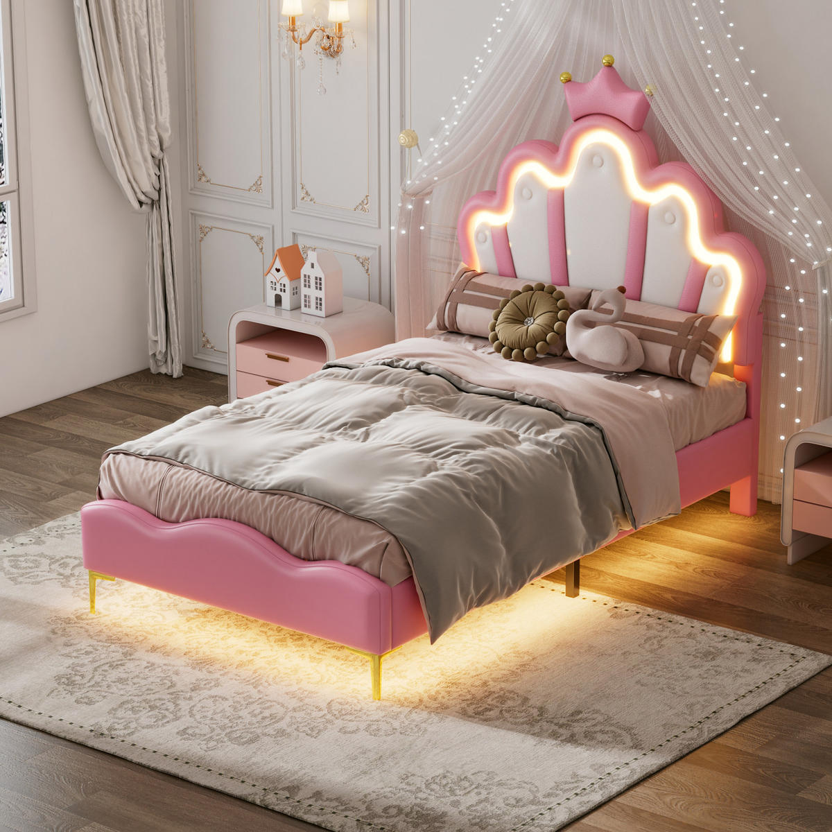 KINDERBETT 90 x 200 cm mit LED-Beleuchtung und höhenverstellbarem Kopfteil - Goldfarben/Rosa, Leder/Holz (90/200cm) - PARAFTA HOME