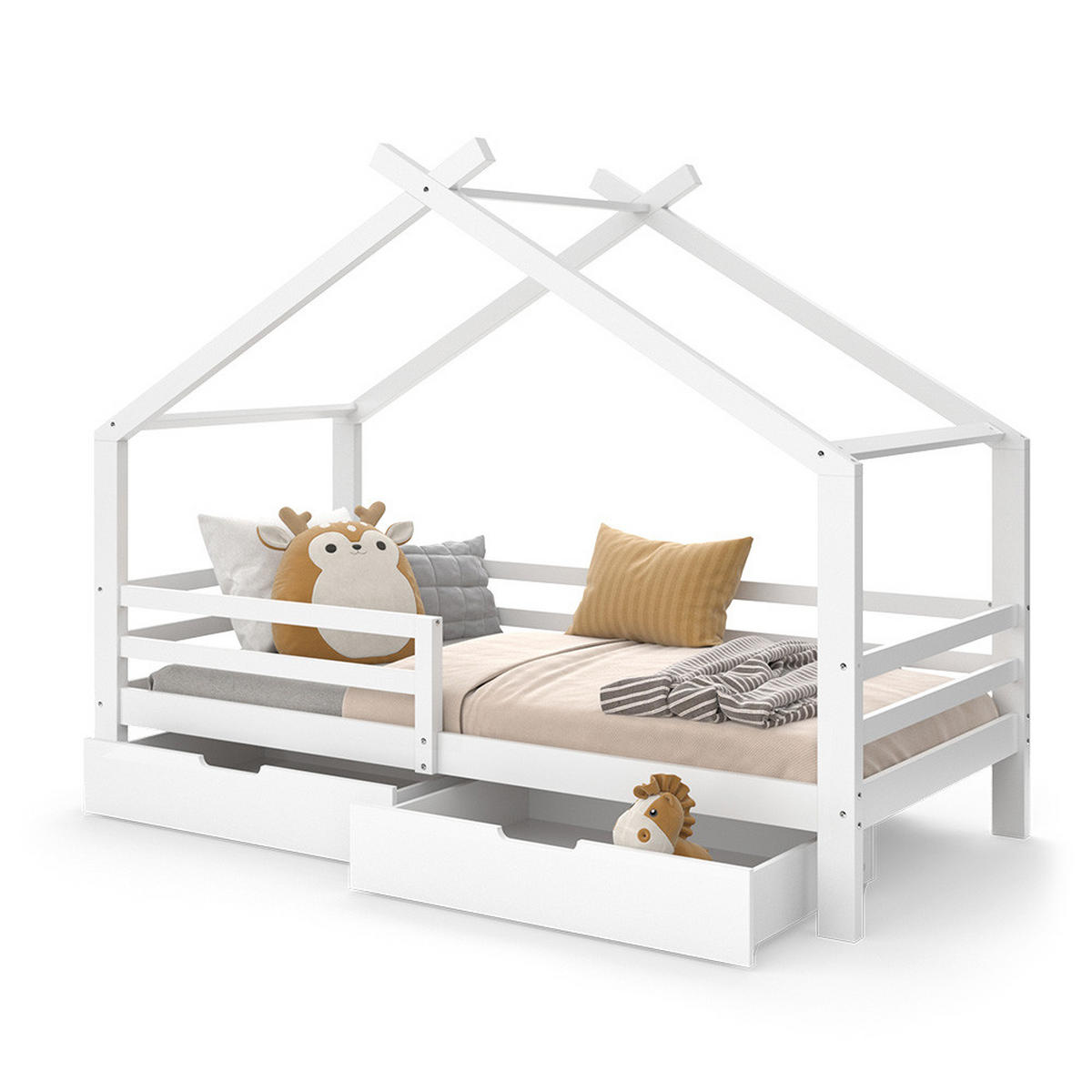 HAUSBETT Luni Weiß 200 x 90 cm mit zwei ausziehbaren Aufbewahrungskästen - Weiß, Holz - VitaliSpa