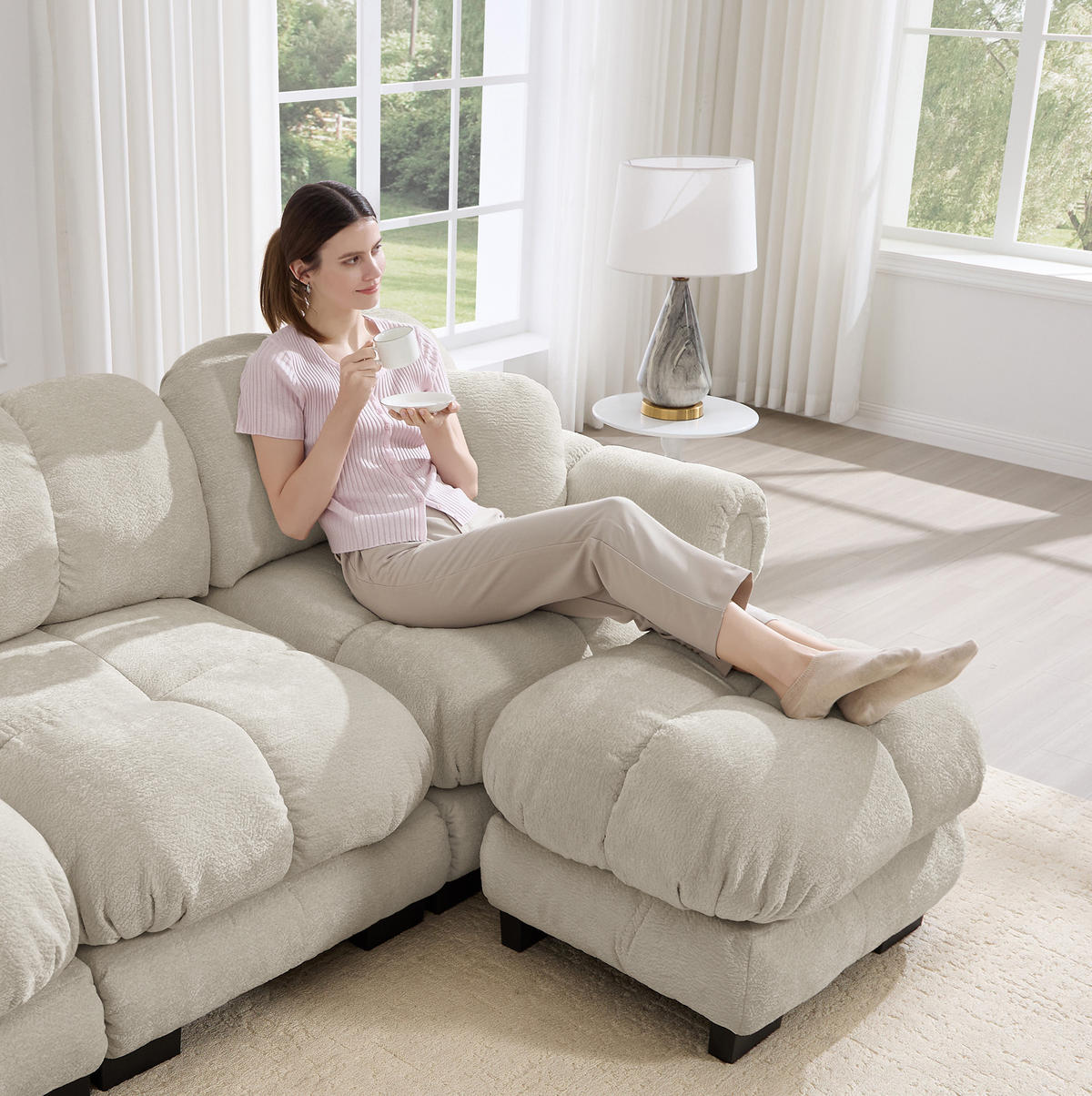 SOFA L-förmig 4-Sitzer Chenille Hellkhaki - Hellbraun, Holz (149/330cm) - Meubliv
