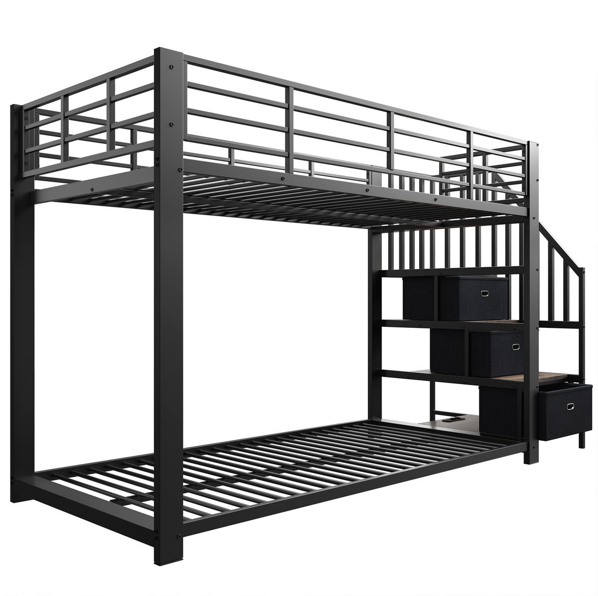 ETAGENBETT aus MDF und Metall 90x200 cm Schwarz mit Stauraumtreppe, LED-Lichtband und USB-Anschlüssen - Schwarz, Holzwerkstoff (90/200cm) - Modfu