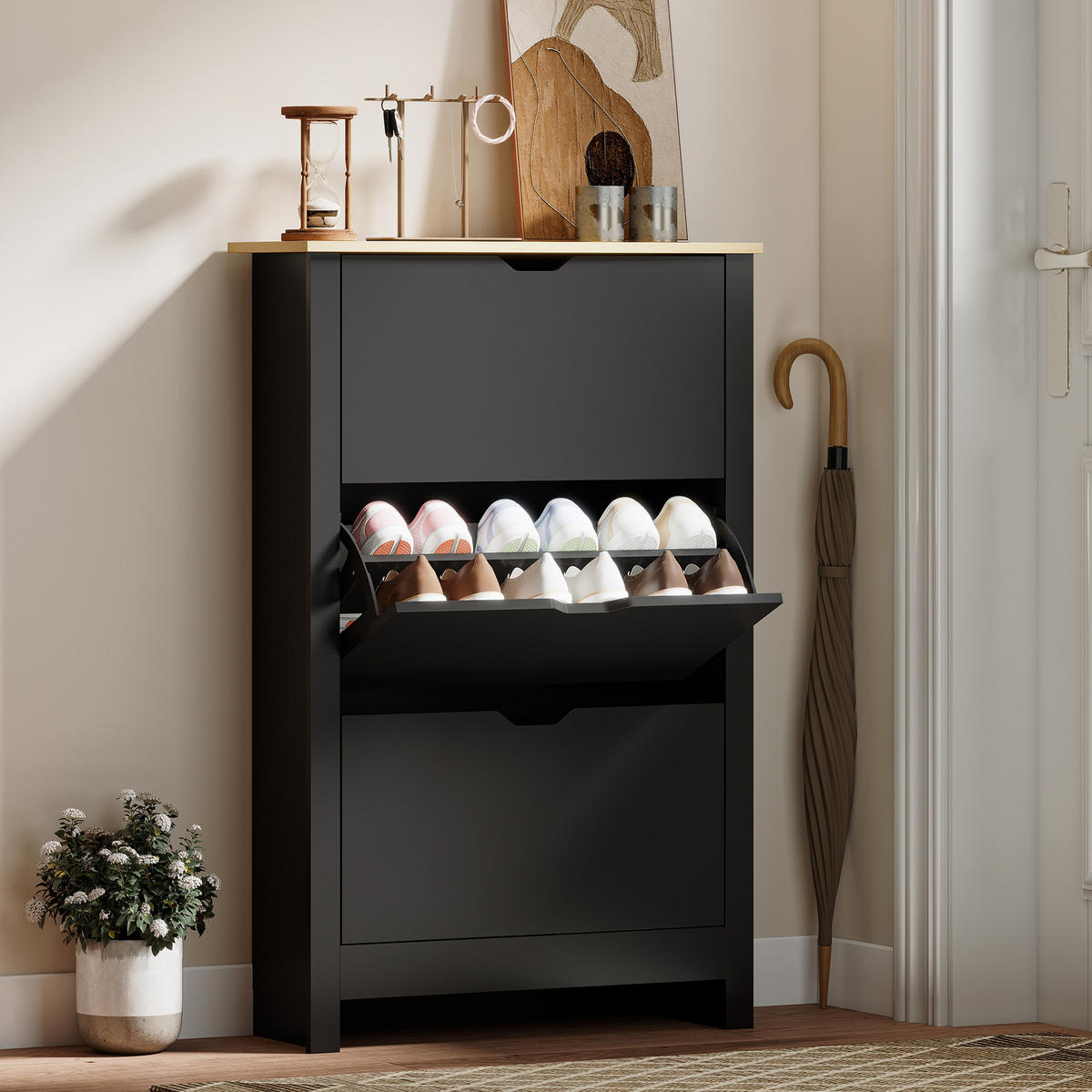 SCHUHSCHRANK Schwarz Eiche Spanplatte mit 3 Klappen platzsparend 1 Stück - Schwarz, Holz (72/112/26cm) - PANGIVO