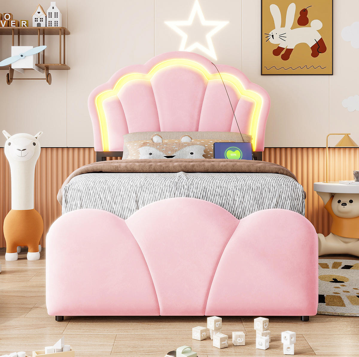 POLSTERBETT 90/200 cm aus Samt mit LED, Stauraum, Steckdosen, Rosa - Pink, Textil (90/200cm) - OKMYHOME
