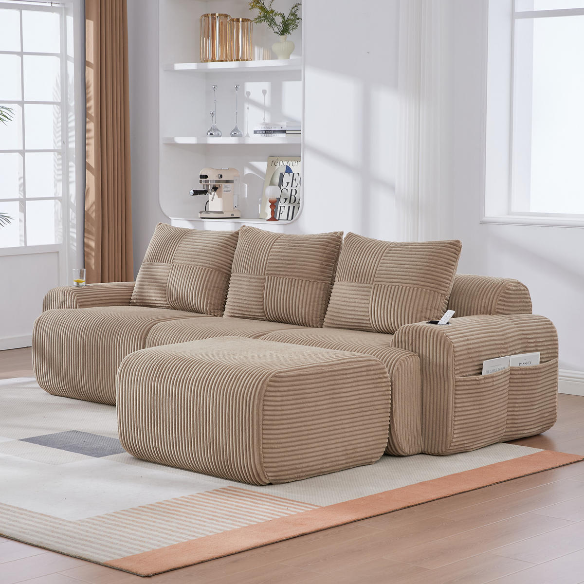 MODULARES 3-Sitzer Sofa Cordstoff mit Hocker Getränkehalter und Seitentasche 268/174/80 cm Sandfarben - Sandfarben, Textil (174/268cm) - Redom