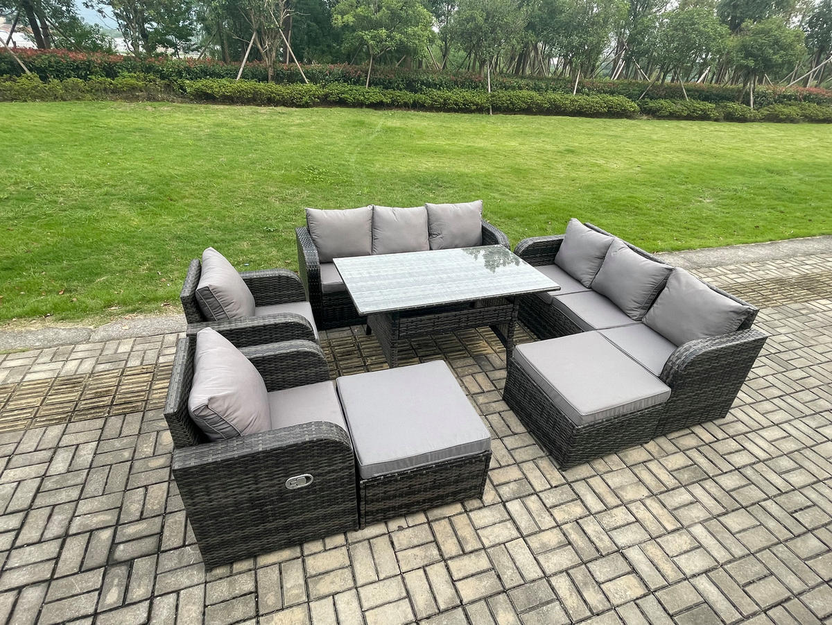 GARTENGARNITUR mit 3-Sitzer Sofa,2 Hockern Polyrattan Dunkelgrau 10-Sitzer - Dunkelgrau/Grau, Glas/Kunststoff - Fimous