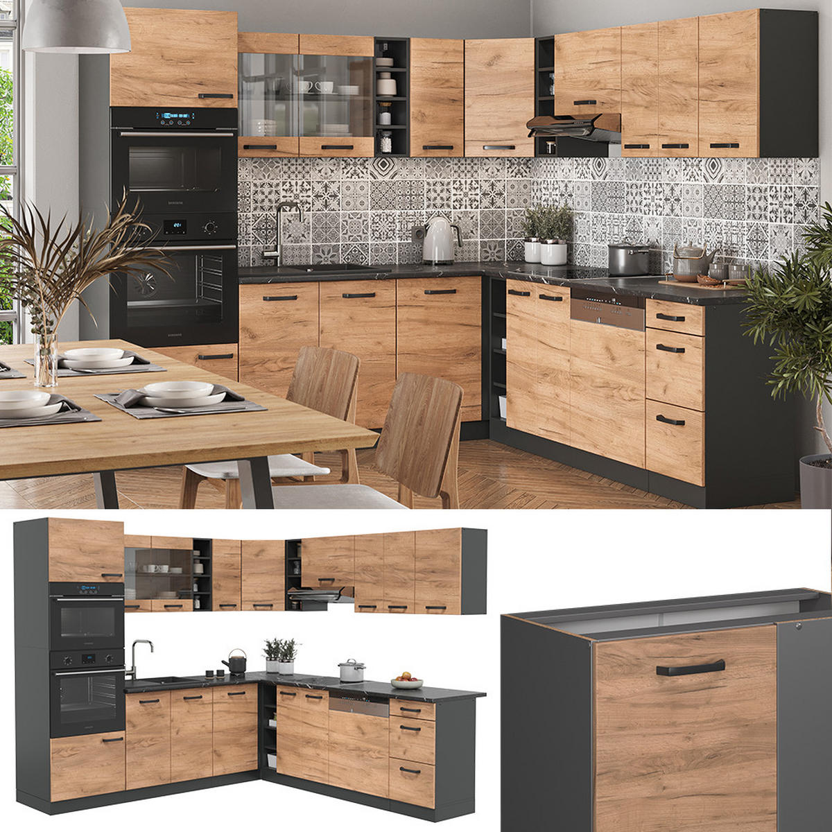ECKKÜCHE R-Line Goldkraft Eiche/Anthrazit 237 x 60 cm ohne Arbeitsplatte - Anthrazit/Eiche Wotan, Holzwerkstoff (247/81.6/46cm) - Vicco