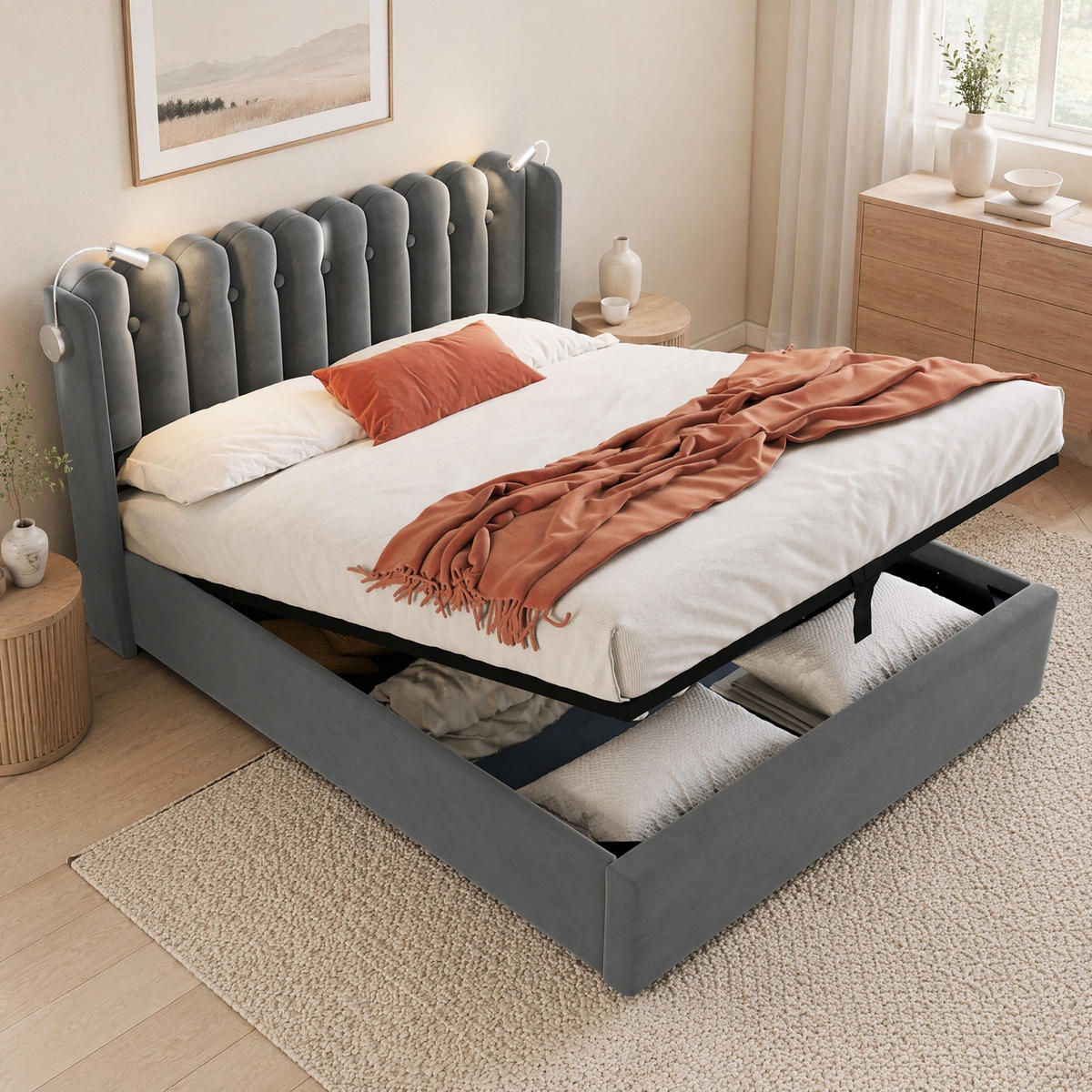 POLSTERBETT 160/200 mit Bettkasten, Leselicht und USB in Grau - Grau, Holzwerkstoff/Textil (160/200cm) - EVRYAE
