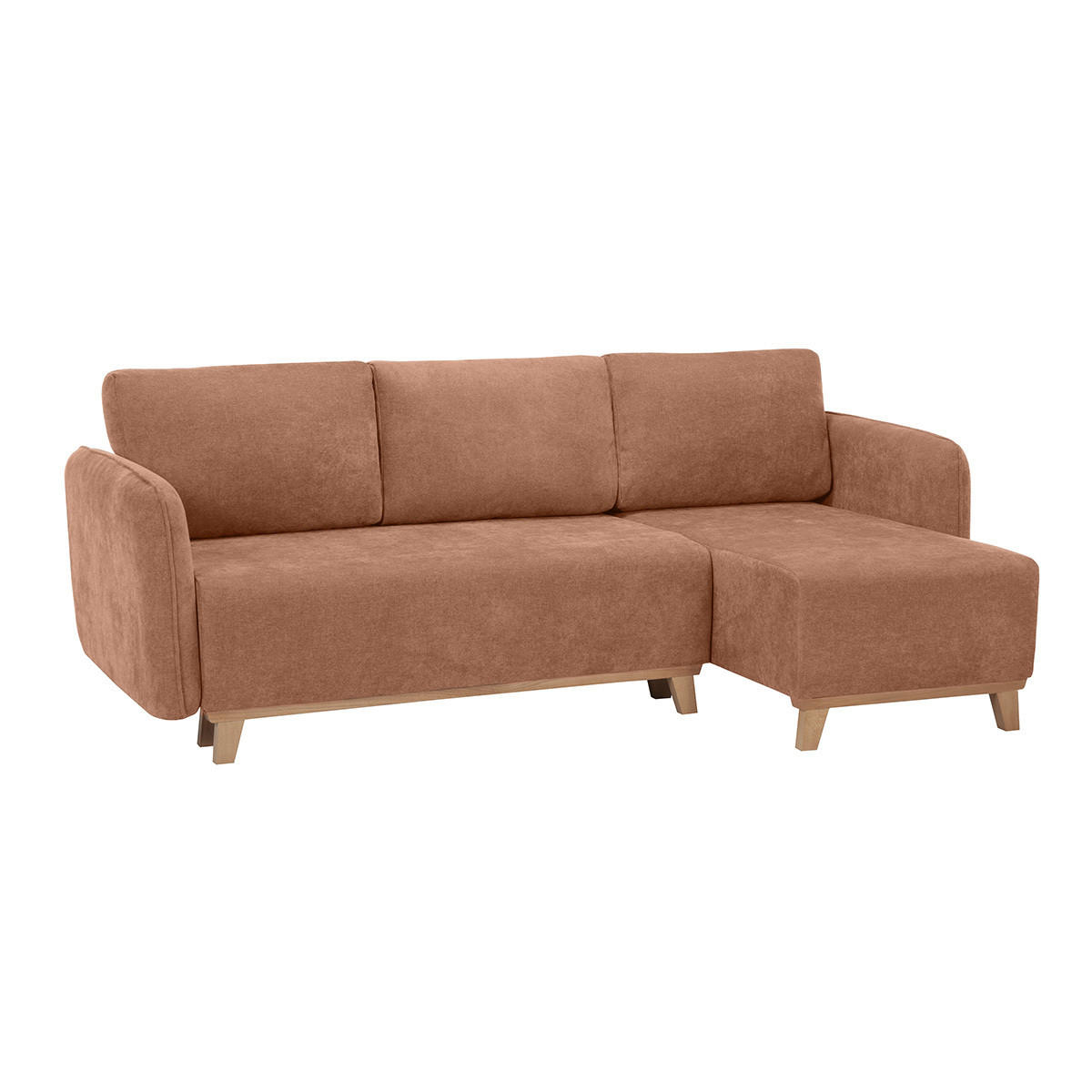 SCHLAF-ECKSOFA Terracottafarbener Stoff Velours-Effekt Helles Holz 3-4 Sitzer ROMANE - Terracotta, Textil (148/231cm) - Miliboo