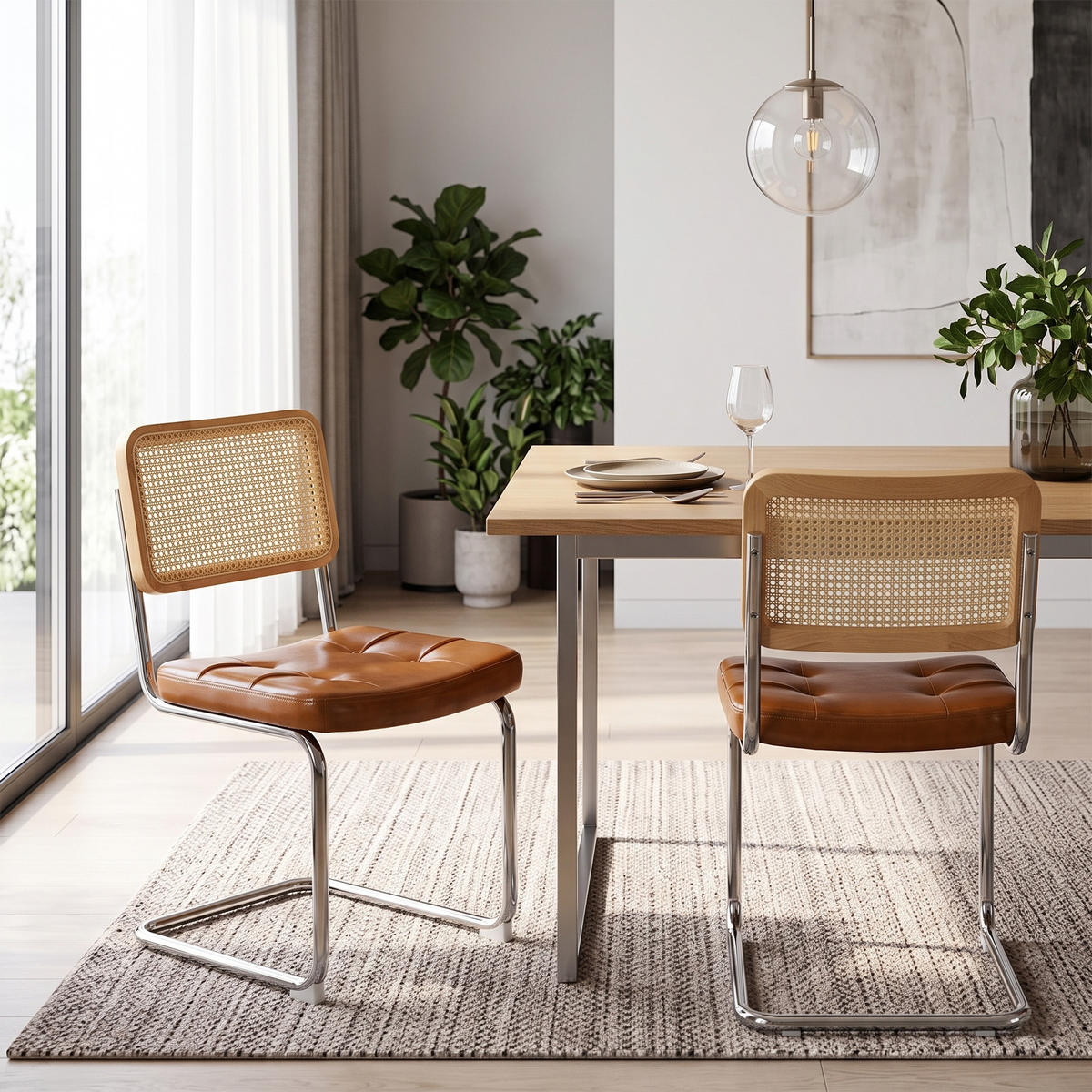 JÍDELNÍ ŽIDLE pérové (sada 2 ks), umělá kůže a ratan, chromovaná podnož - hnědá, textil (53/84.6/46.4cm) - Urban Meuble