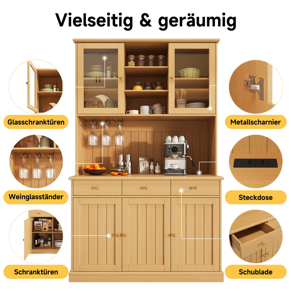 BUFFETSCHRANK DE-38594 120/40/191 cm Glastüren und integrierte Steckdose Natur - Naturfarben, Holzwerkstoff (120/191/40cm) - ComfortXL