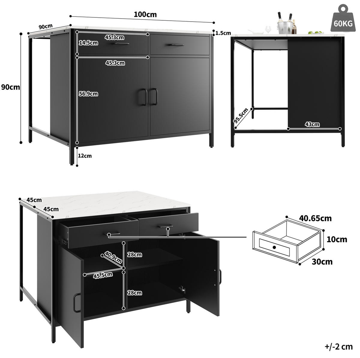 BARSKA miza 100/90/90 cm z videzom marmorja, predali in prostornimi predelki, Črna - črna, leseni material (90/90/100cm) - Redom