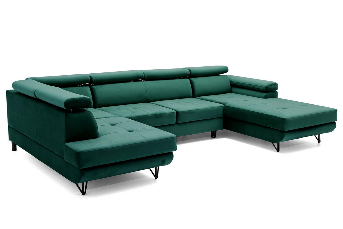 ECKSOFA U-Form JUNIOR U Links mit Schlaffunktion 128x254 Velours Dunkelgrün - Dunkelgrün/Schwarz, Holz/Textil (323/90/184cm) - Muffo