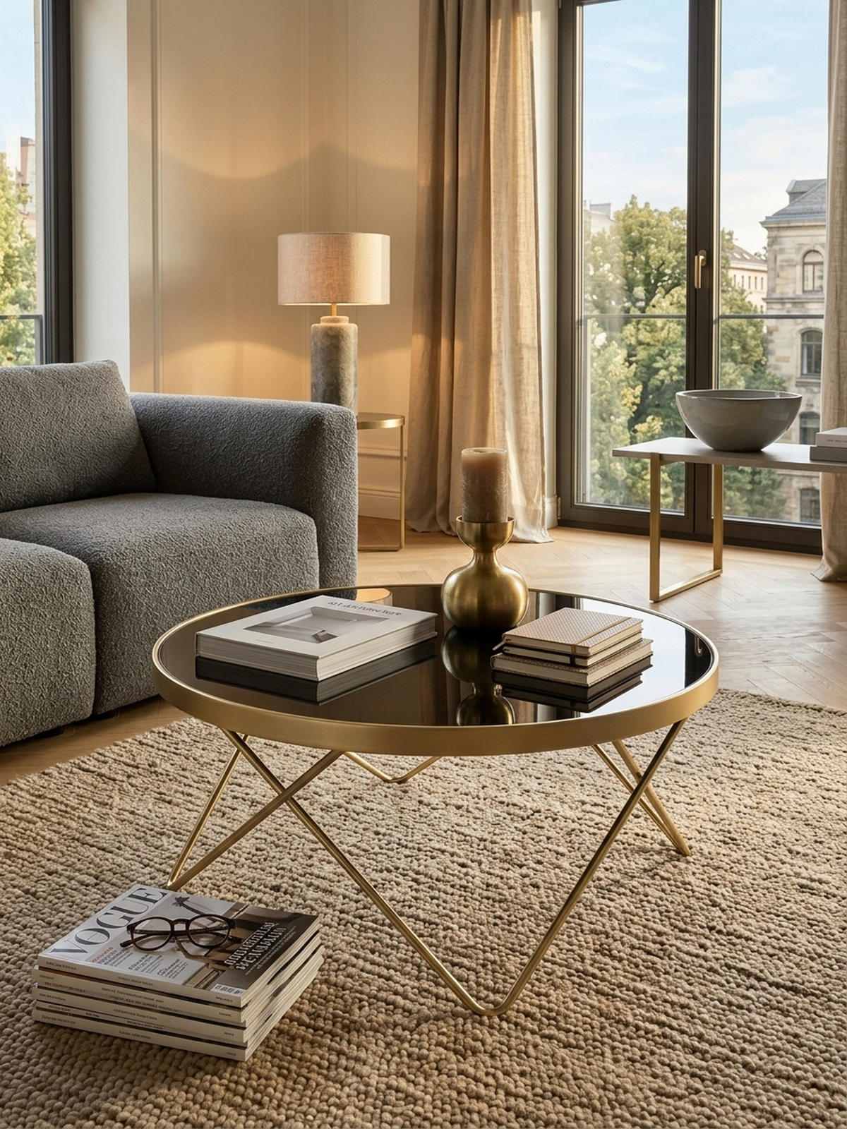 BEISTELLTISCH Schwarz Glasplatte Goldene Beine Retro-Stil 82cm Durchmesser - Goldfarben/Schwarz, Glas/Metall (82/82/39cm) - KADIMA DESIGN