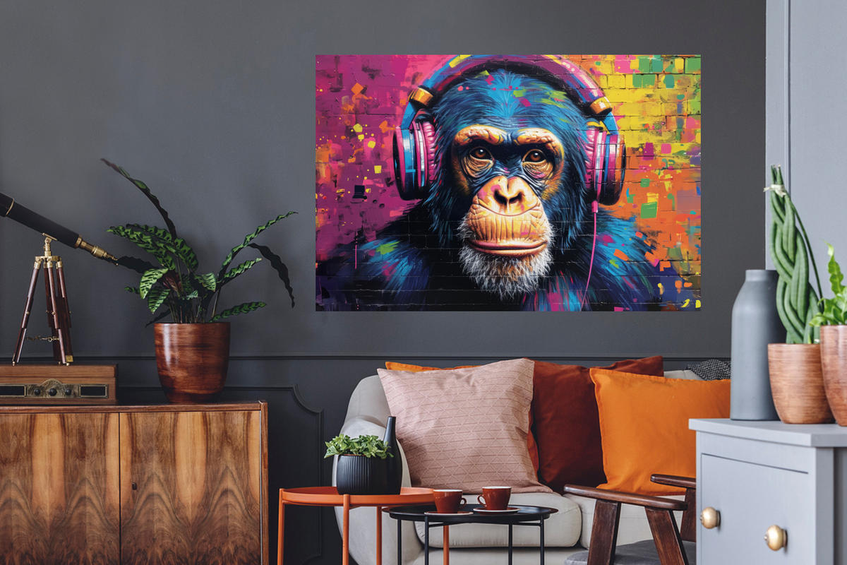 WANDTATTOO Graffiti - Schimpanse - Straßenkunst - Kopfhörer - Affe 120x80 cm - Blau, Kunststoff (120/80/0.1cm) - MuchoWow