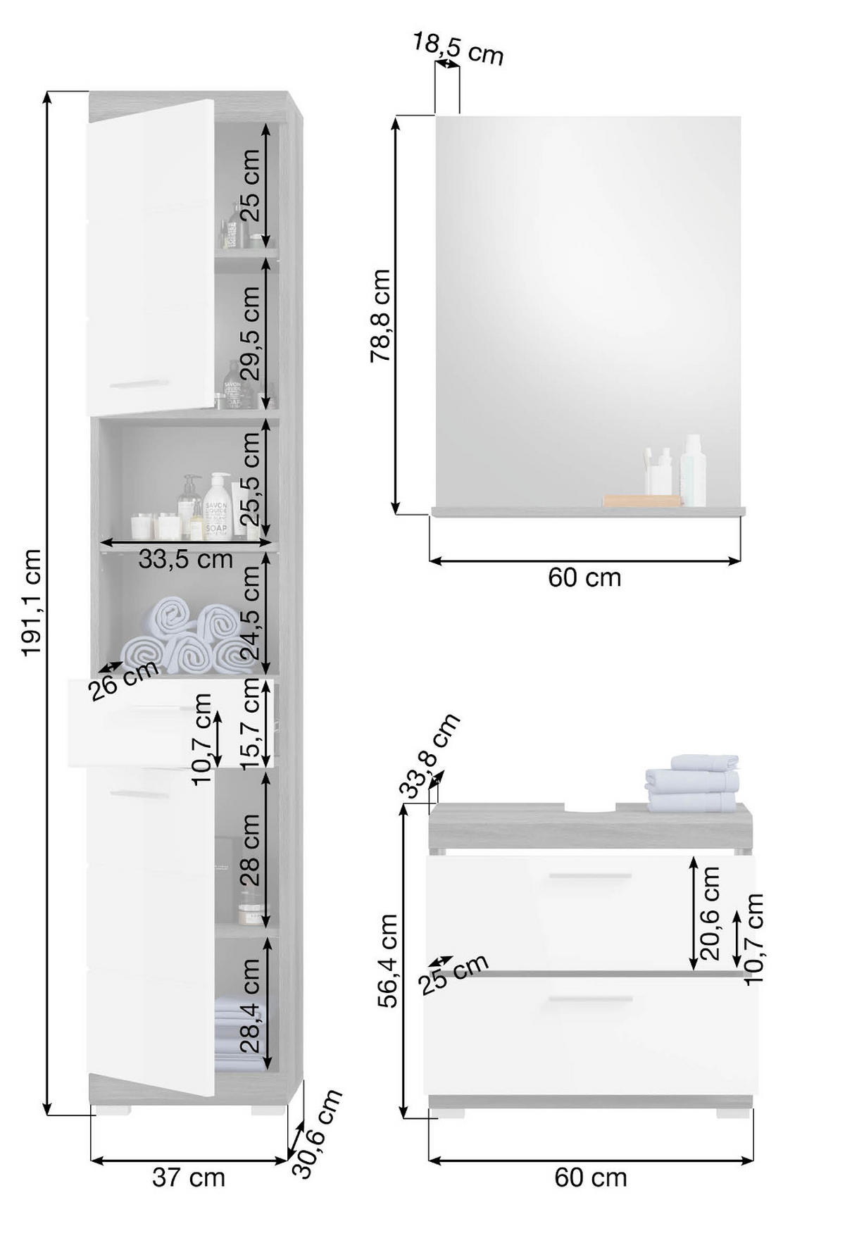 BADMÖBEL-SET weiß Hochglanz, grau 3-teilig 112 cm, Kombination mit viel Stauraum - Weiß Hochglanz/Grau, Holzwerkstoff (112/191/34cm) - Inn.Furn