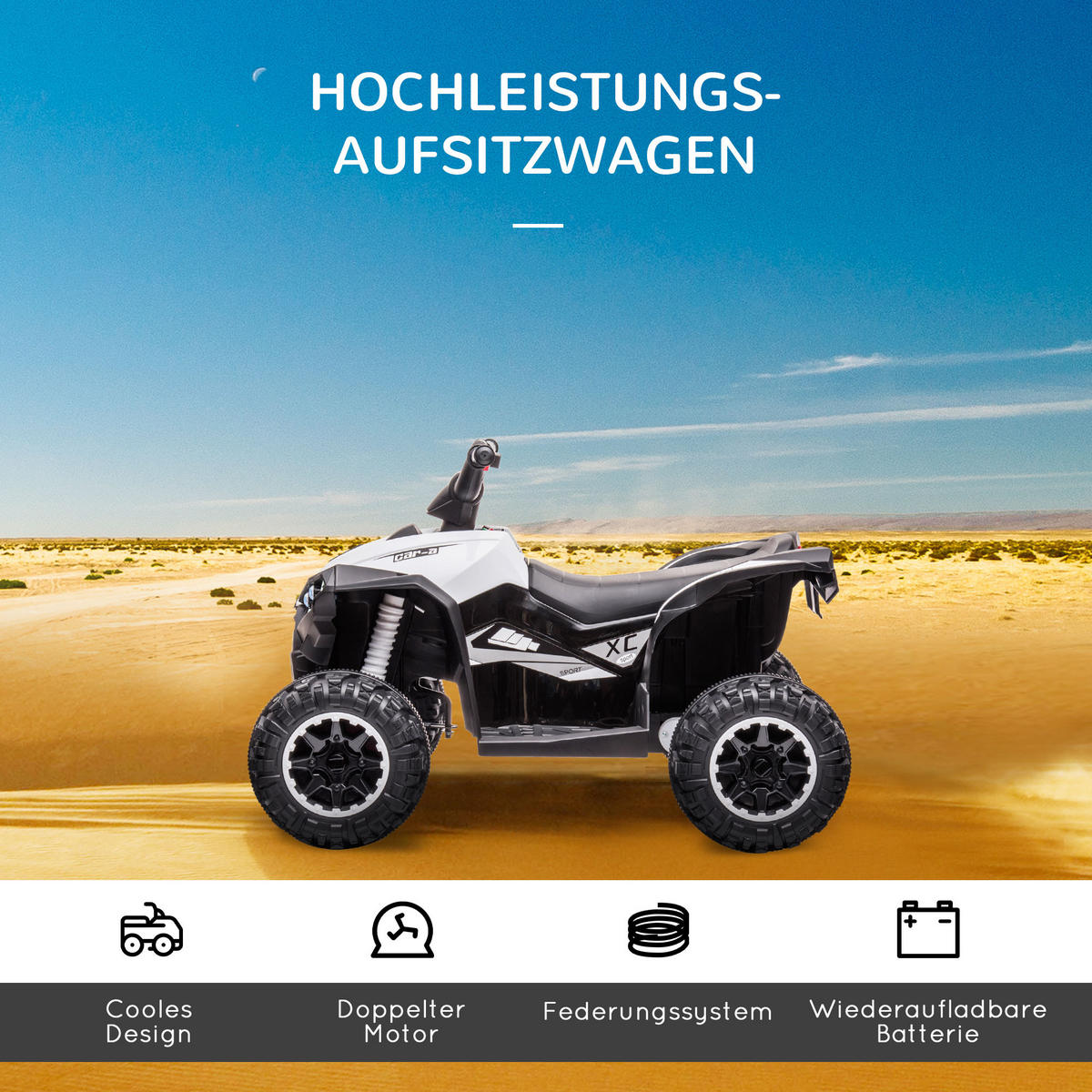 MINI ELEKTRO-QUAD KINDER, Schwarz+Weiß, Kunststoff+ Metall - Schwarz, Metall (83/53/55.5cm) - HOMCOM