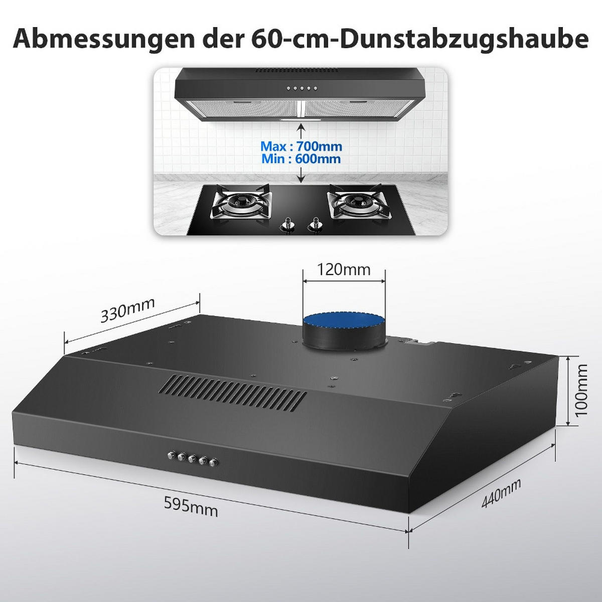 DUNSTABZUGSHAUBE Unterbau, ENERGIEEFFIZIENZKLASSE A+, 250 M³/h, Mit LED Beleuchtung, Edelstahl, Für Küchen, 60 Cm - Schwarz, Metall (14.02/49.02/64cm) - Rolipo