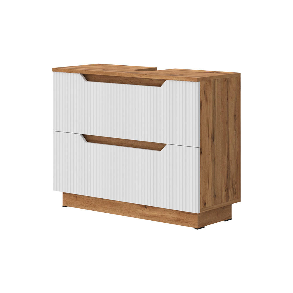 WASCHBECKENUNTERSCHRANK Lotta Eiche/weiß gestreift 79.6 x 62.5 cm mit 2 Schubladen - Eichefarben/Weiß, Holzwerkstoff (79.6/62.5/32cm) - Vicco