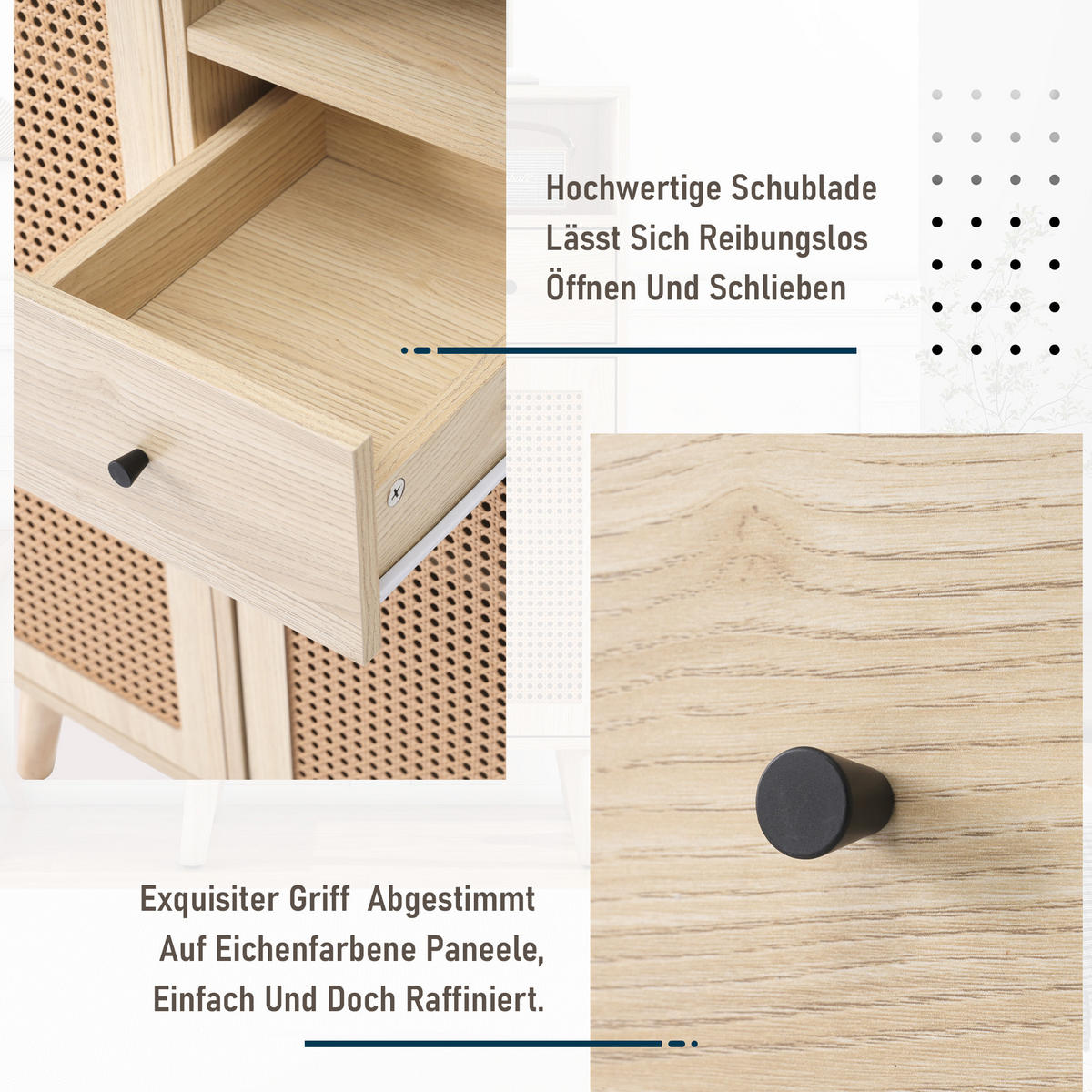 HIGHBOARD Eiche mit Rattanfronten und Schubladen - Eichefarben, Holzwerkstoff (60/101/40cm) - Urban Meuble