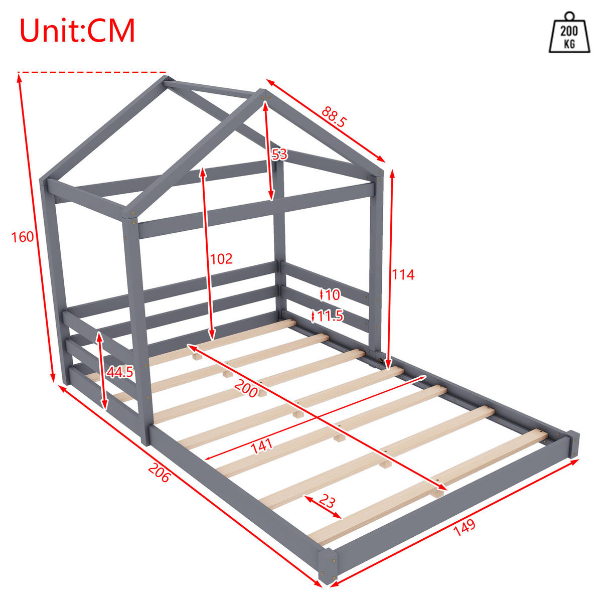 HAUSBETT 140/200 cm grau mit Lattenrost aus Kiefernholz - Grau, Holz (140/200cm) - OKWISH
