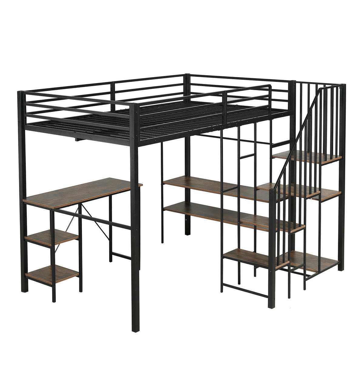 ETAGENBETT 120/200 cm mit Schreibtisch, Regal, offenem Kleiderschrank und Eckleiter, Schwarz - Schwarz, Holzwerkstoff (120/200cm) - Redom