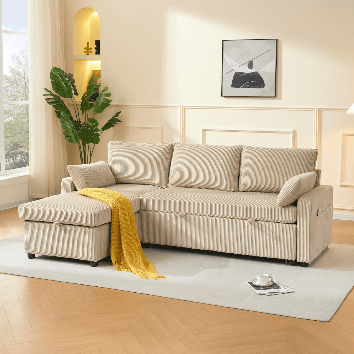 3-SITZER-SCHLAFSOFA in corduroy mit Chaiselongue 219/147/84 cm - Beige, Holz (147/84/66cm) - Calicosy