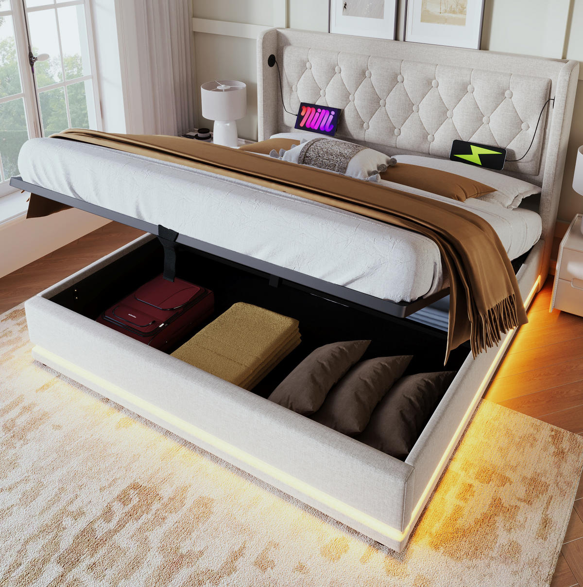 BETT mit Stauraum, LED und USB 140x200 cm Beige Baumwolle - Beige, Metall (140/200cm) - Meubliv