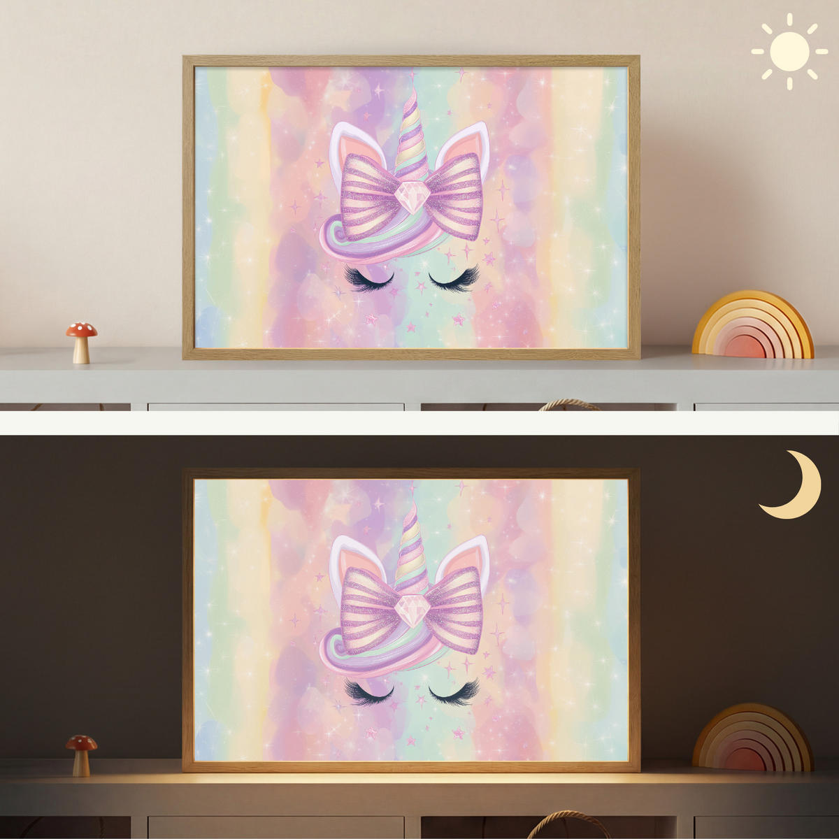 NÁSTĚNNÁ LAMPA S AKUMULÁTOREM Jednorožec - Třpytky - Duha - Pastelové barvy 60x40 cm - světle růžová, kompozitní dřevo (60/40/8cm) - OnlyWow