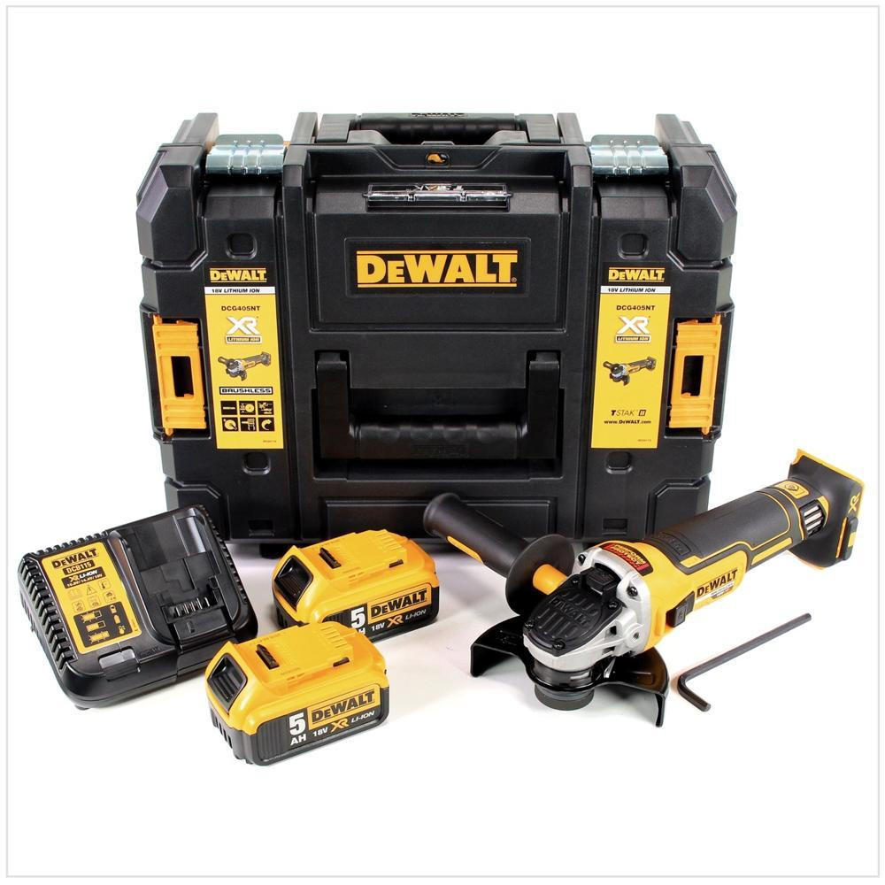 DEWALT DCG 405 P2 Akku Winkelschleifer 18V 125mm Brushless + 2x Akku 5,0Ah + Ladegerät + TSTAK - Multicolor, Kunststoff (45/340/16cm) - DeWalt