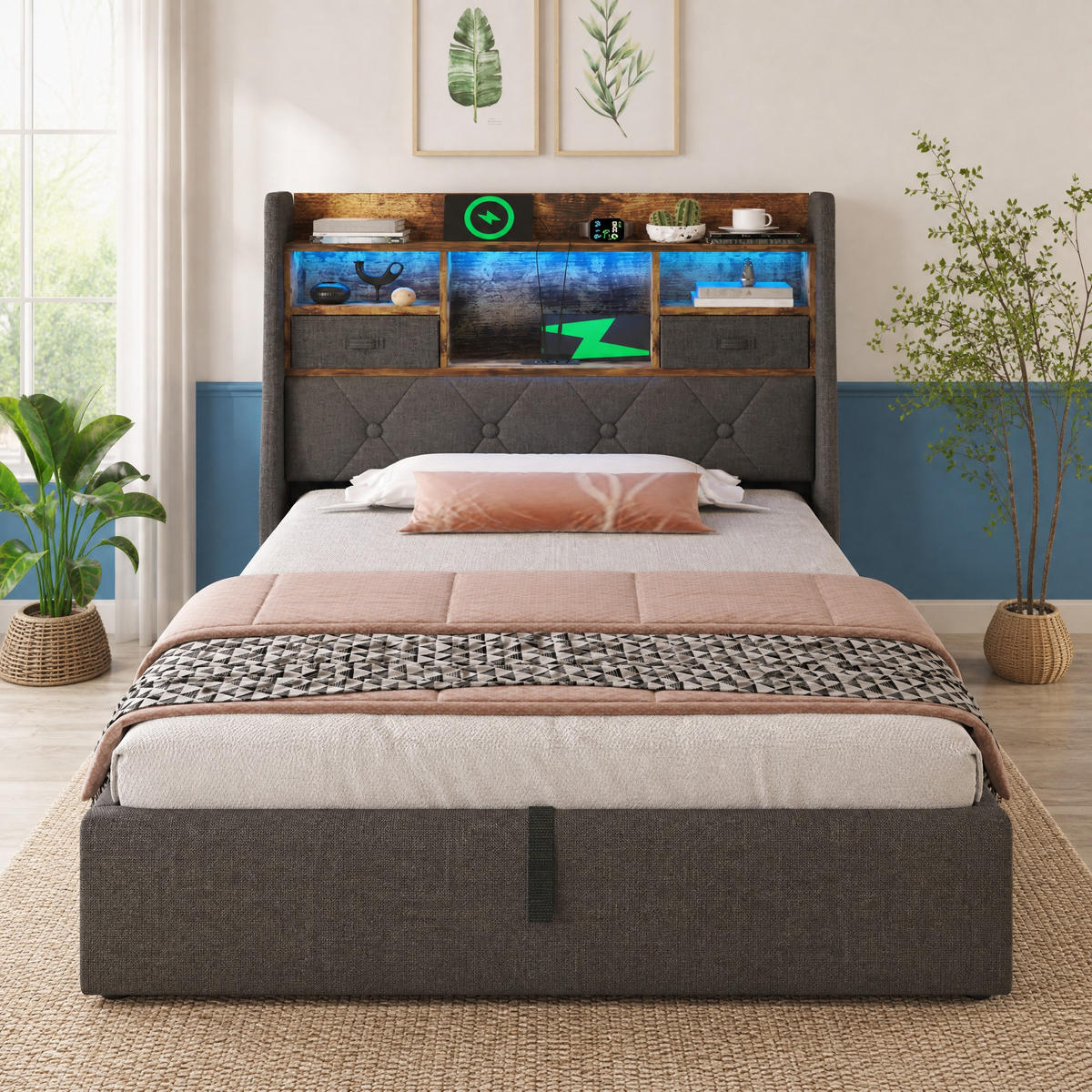POLSTERBETT 90/200 mit Bettkasten, LED und USB in Grau - Grau, Holzwerkstoff/Textil (90/200cm) - EVRYAE