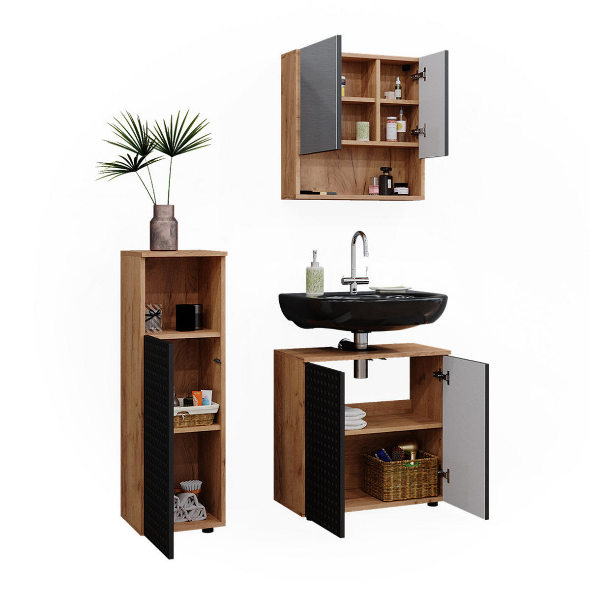 BADMÖBEL-SET Irma Anthrazit gepunktet 3 Teile - Honigeiche/Anthrazit, Holzwerkstoff (80/58.6/41cm) - Vicco