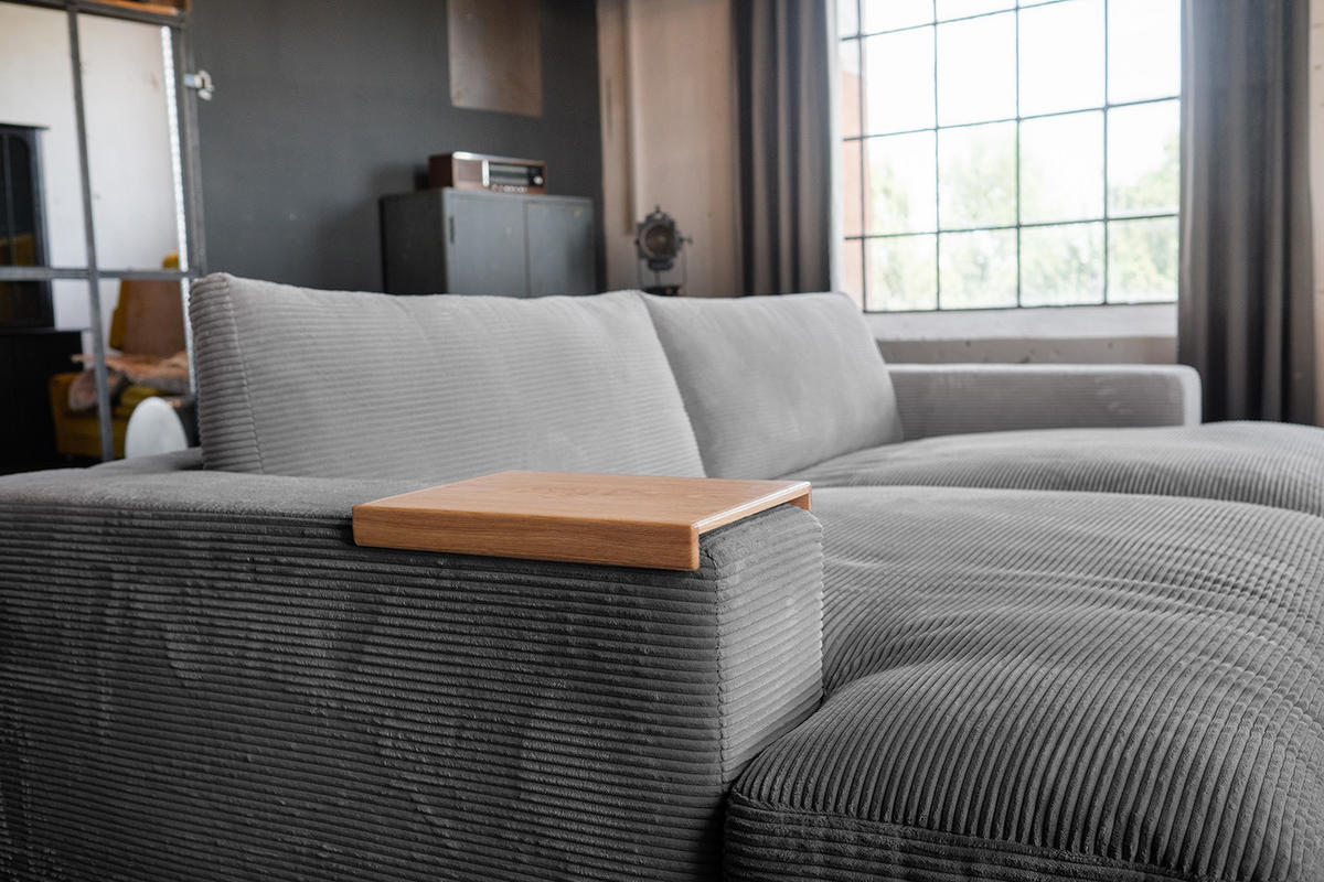 BIG SOFA-SET MIT TABLETT NATUR MADELINE Grau Cord - Schwarz/Grau, Kunststoff/Textil (290/85/170cm) - KAWOLA