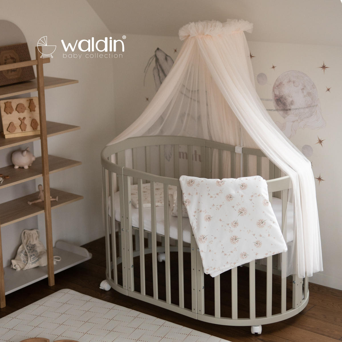 BABYBETT OLIVE OVAL 7in1 mit Matratze und Himmelset - Champagner/Olivgrün, Holz/Textil
