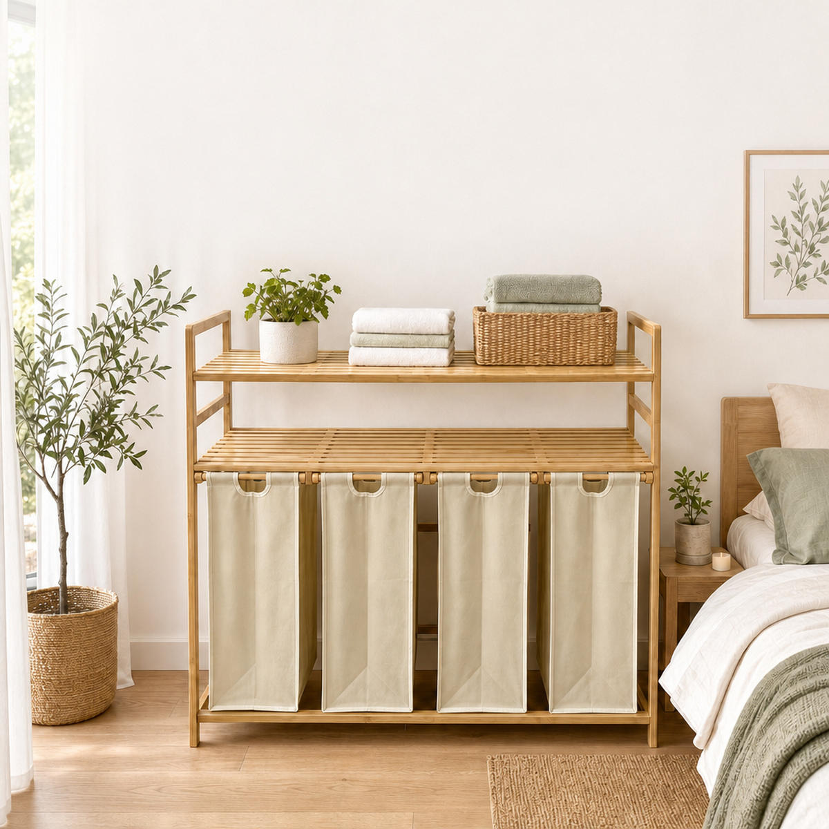 WÄSCHESAMMLER Natur-Beige 4er-Set Bambus - Multicolor, Holz/Textil (103/100/41.5cm) - Relaxdays