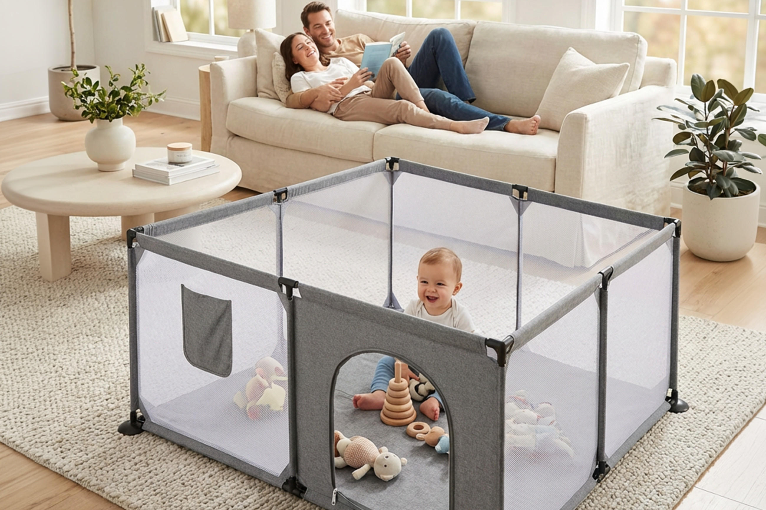 Kind sitzt in einem grauen Laufgitter mit Netzseiten im Wohnzimmer vor einem Paar auf einem Sofa.