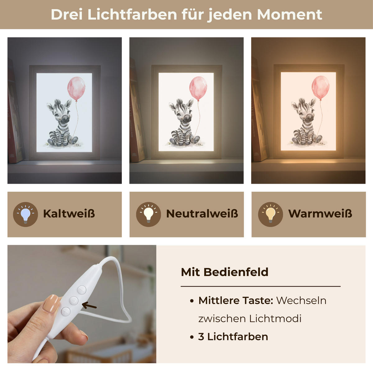 NACHTTISCHLAMPE Zebra - Baby - Tiere - Rosa Luftballon 15x20 cm - Weiß, Holzwerkstoff (8/15/20cm)