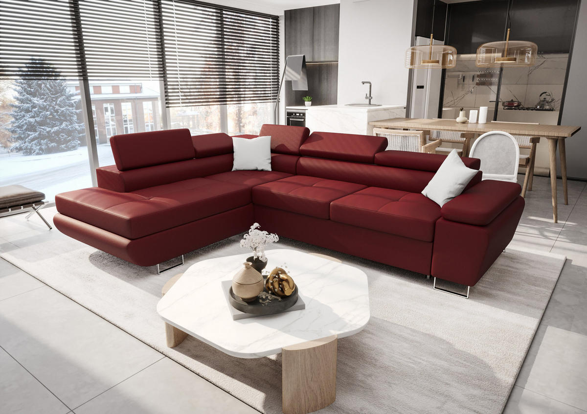 ECKSOFA KONGO RBN04, Eckcouch in L-Form mit Schlaffunktion, Farbe: Rot, Kunstleder, Ottomane Links - Rot, Textil (272/200cm) - O-Sofa