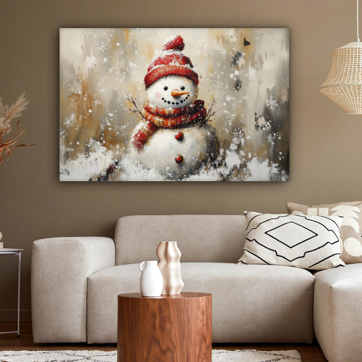 LEINWANDBILD Schneemann - Winter - Schnee - Beige XXL 150x100 cm - Weiß, Textil (150/100cm) - MuchoWow