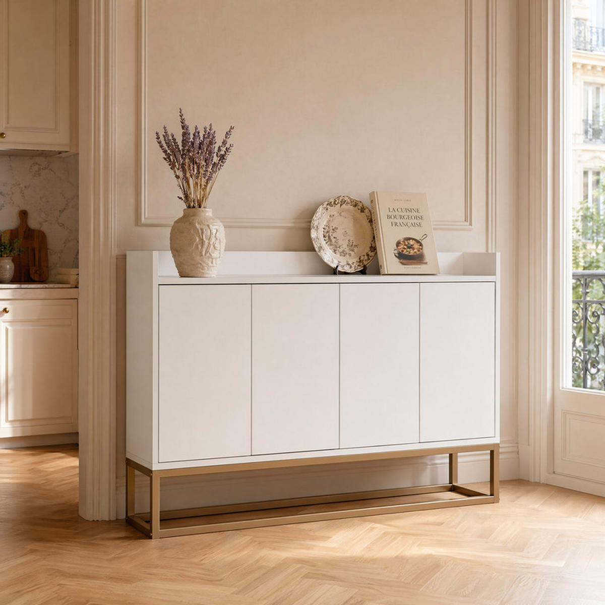SIDEBOARD weiß 120x30x80 cm mit 4 Türen und goldfarbenem Metallgestell - Weiß, Holzwerkstoff (30/80/120cm) - SHOPENTRA